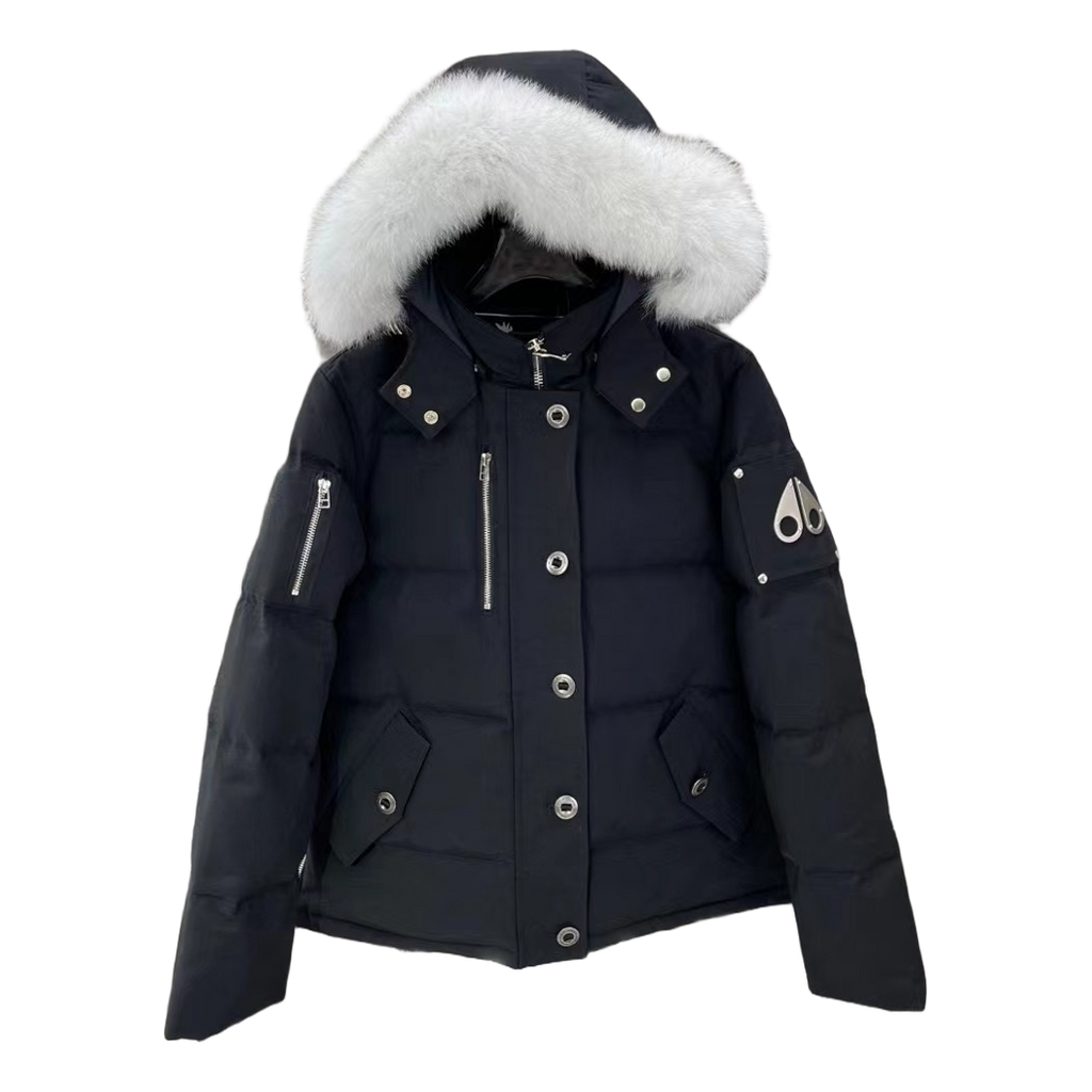 Moose Knuckles Hooded Down Jacket with Fur Trim & Zip Chest Pocket