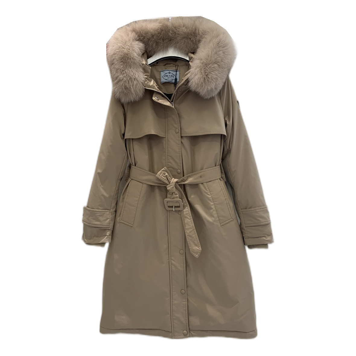 Prada Belted Faux Fur-Trim Hooded Coat | Beige