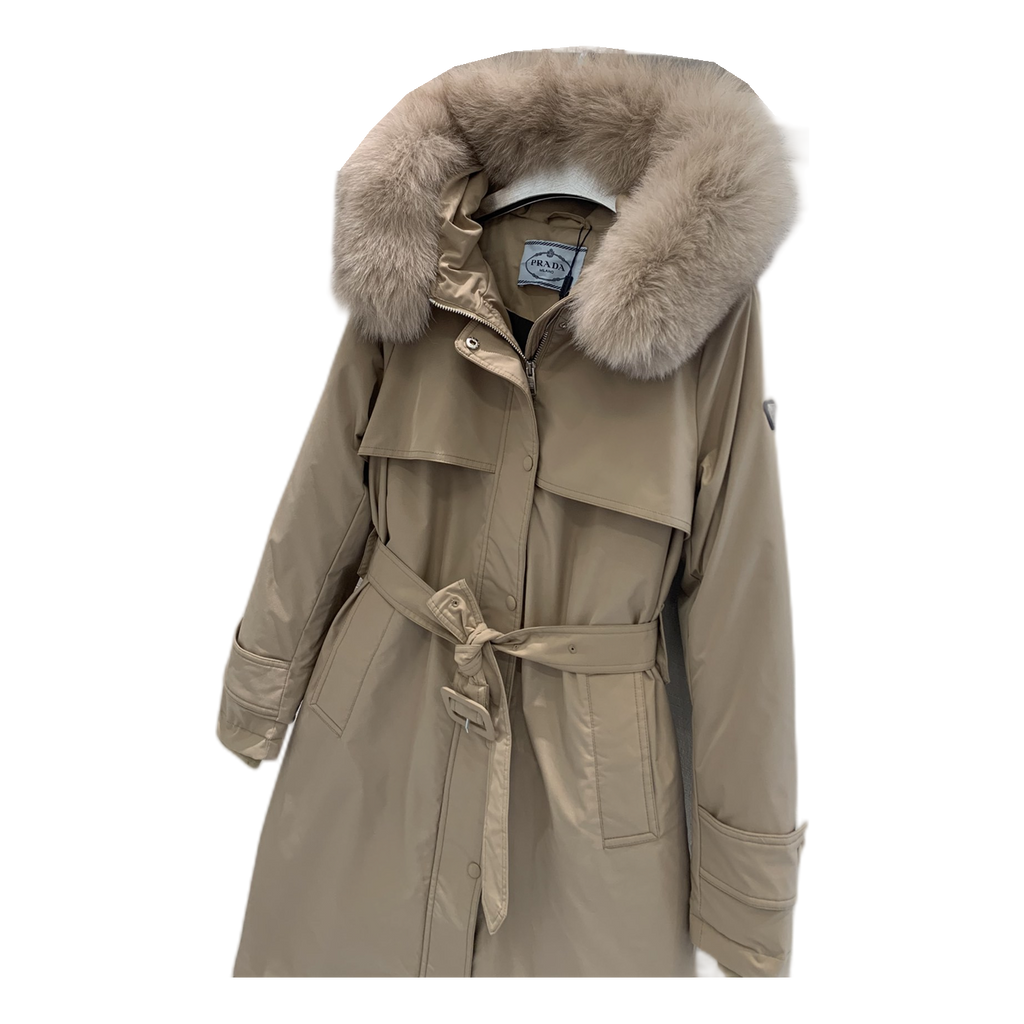 Prada Belted Faux Fur-Trim Hooded Coat | Beige