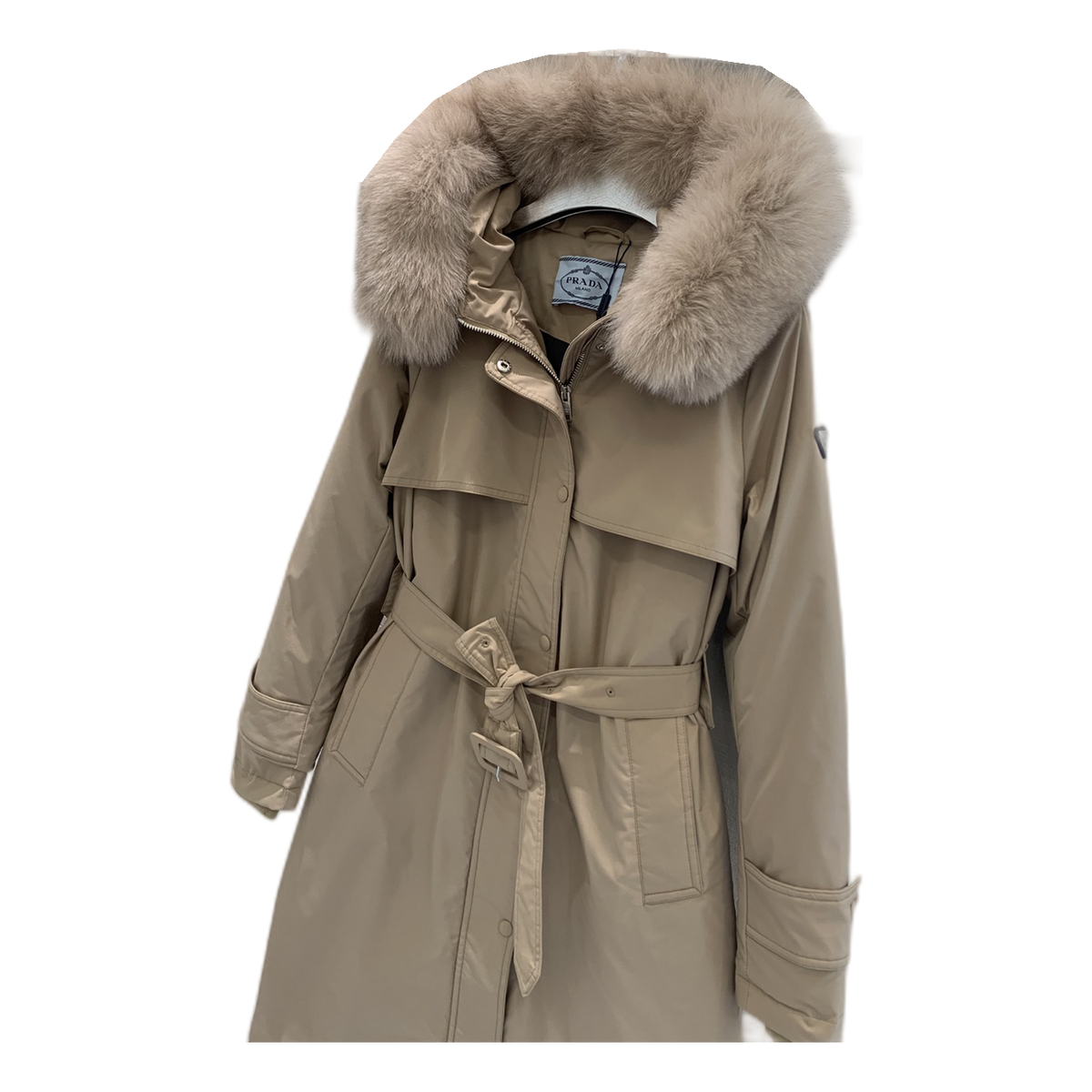 Prada Belted Faux Fur-Trim Hooded Coat | Beige