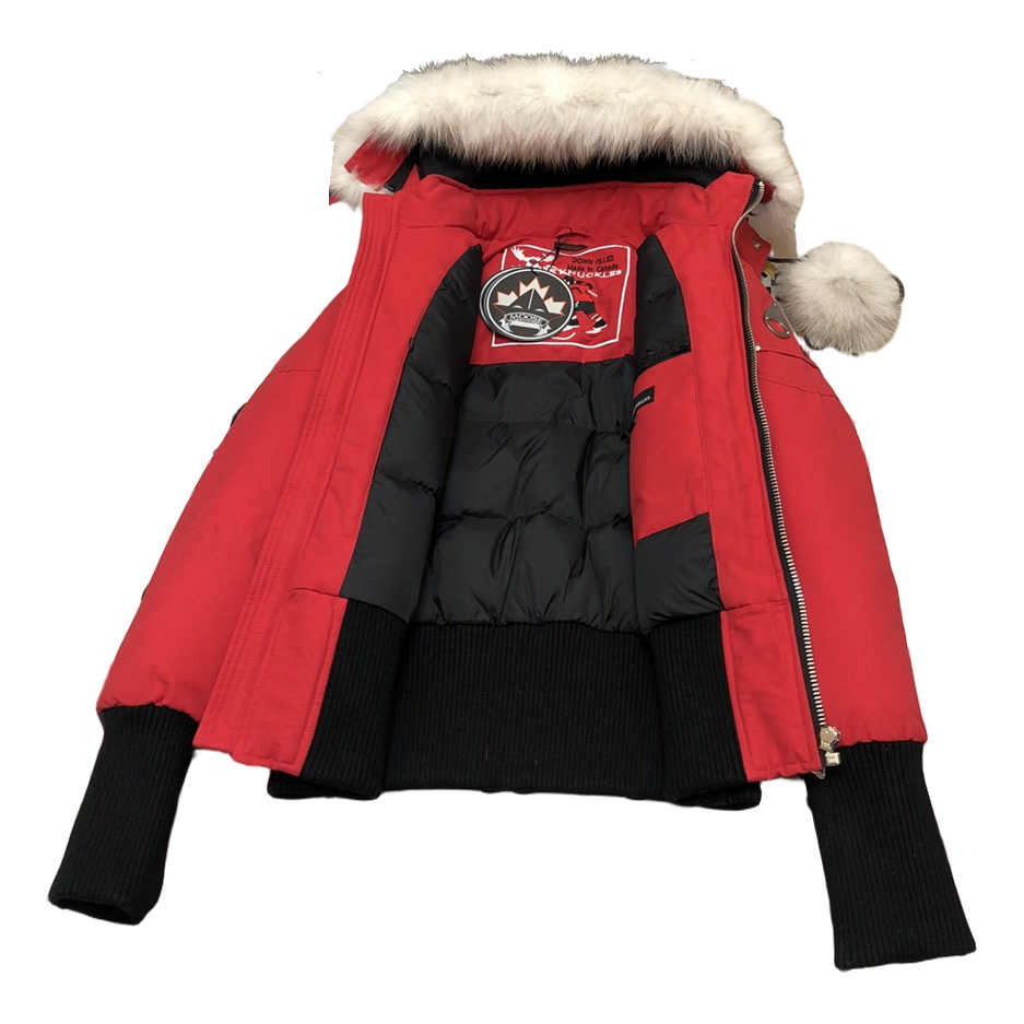 Moose Knuckles Debbie Hooded Down Bomber Jacket with Pom-Pom - Red