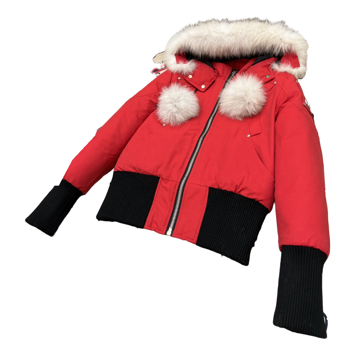 Moose Knuckles Debbie Hooded Down Bomber Jacket with Pom-Pom - Red