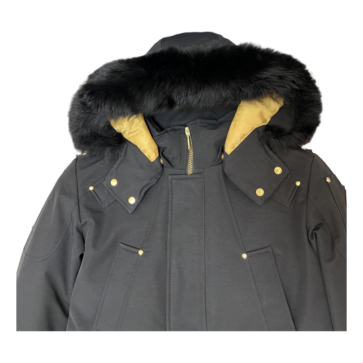 Moose Knuckles Gold-Lined Long Down Parka with Fur Trim - Black