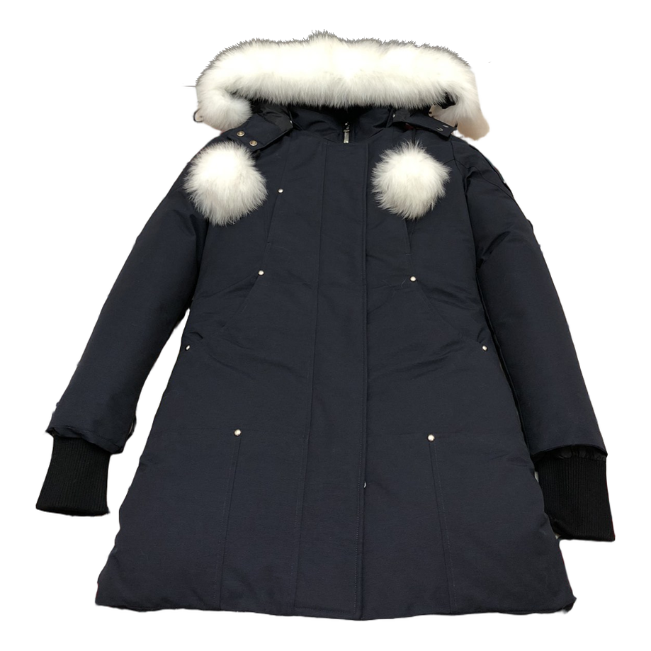 Moose Knuckles Stirling Down Parka with Pom-Pom & Fur Trim - Navy