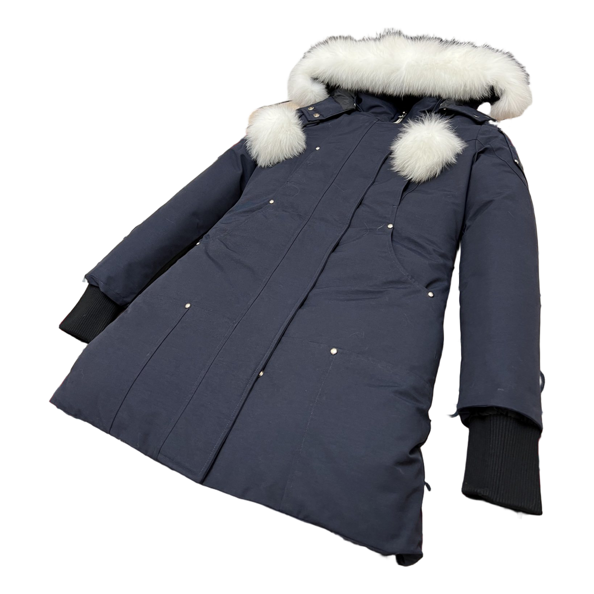 Moose Knuckles Stirling Down Parka with Pom-Pom & Fur Trim - Navy