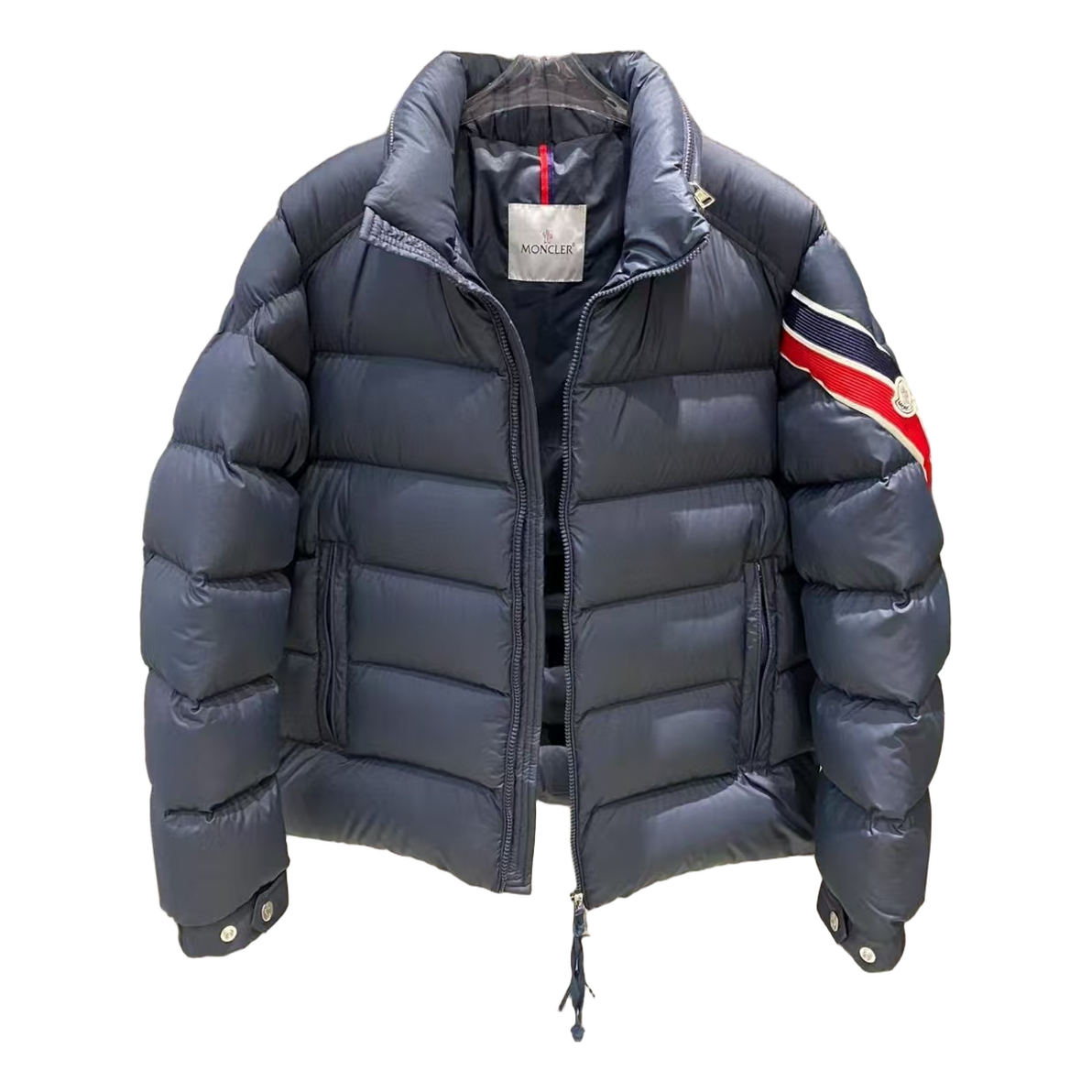 Moncler Tricolour Sleeve-Band Stand-Collar Puffer Jacket in Navy
