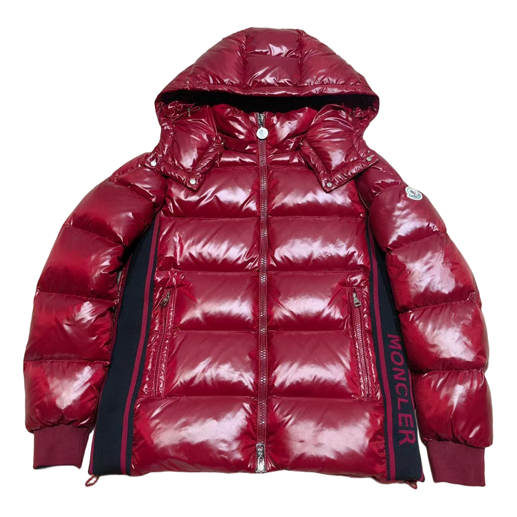 Moncler Glossy Hooded Down Puffer Jacket with Logo Zip - Red