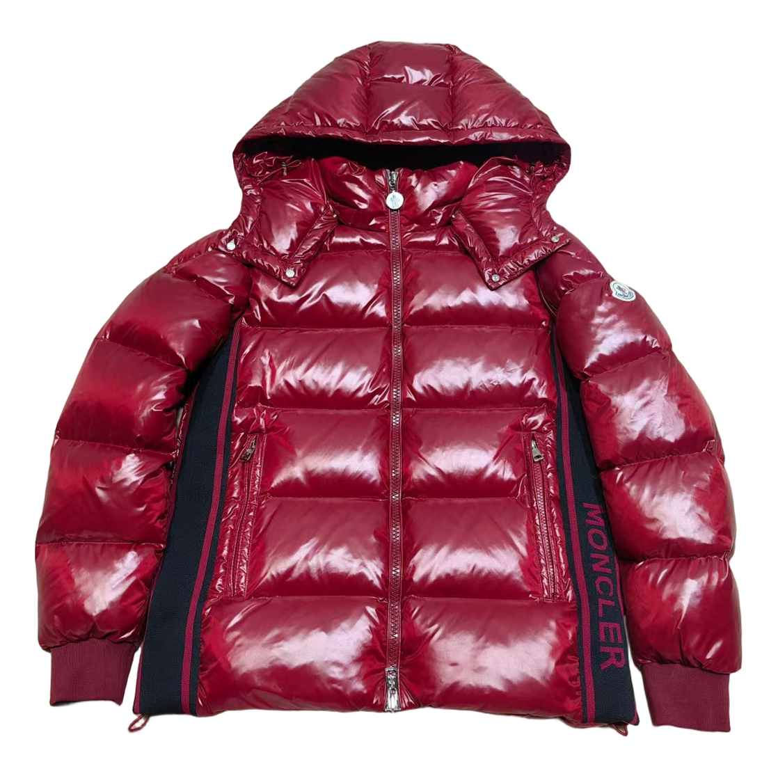 Moncler Glossy Hooded Down Puffer Jacket with Logo Zip - Red