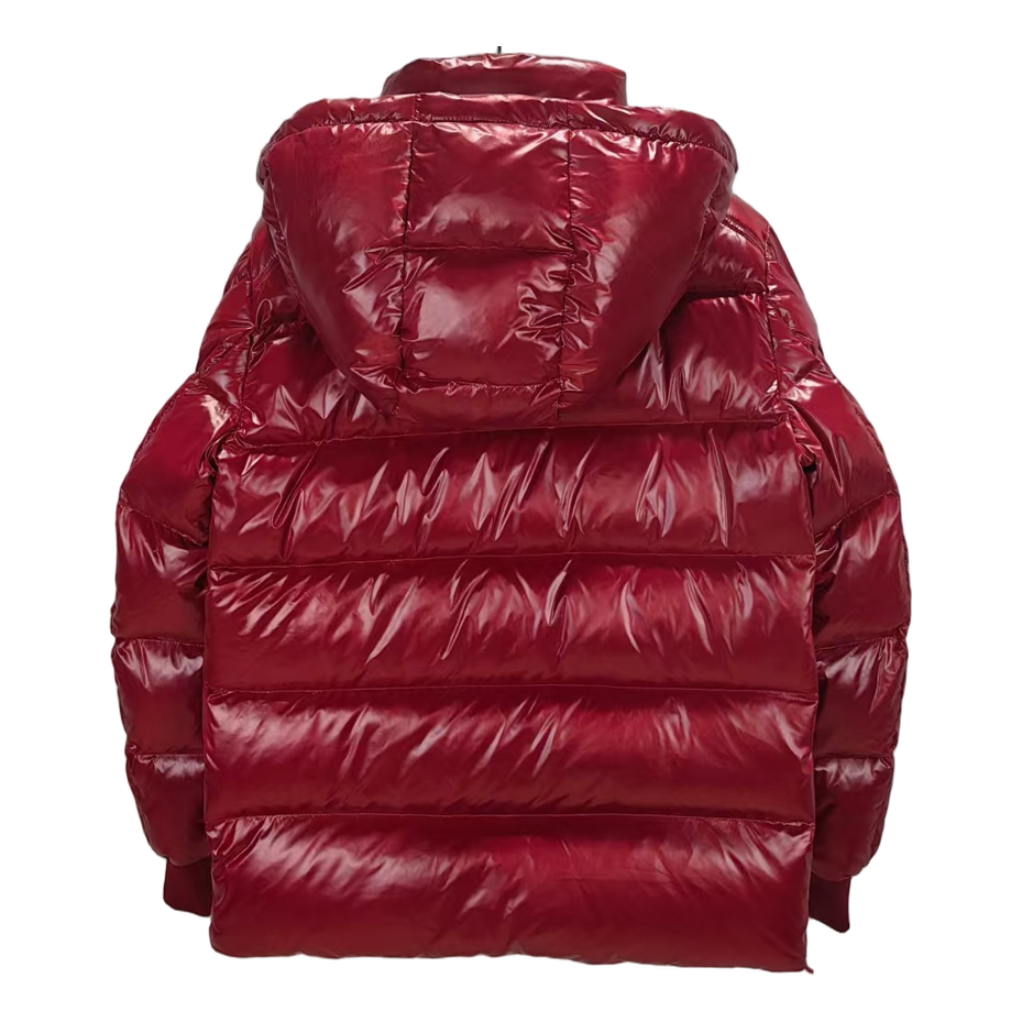 Moncler Glossy Hooded Down Puffer Jacket with Logo Zip - Red