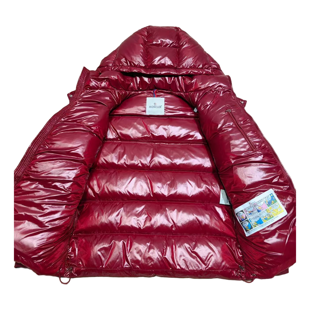 Moncler Glossy Hooded Down Puffer Jacket with Logo Zip - Red
