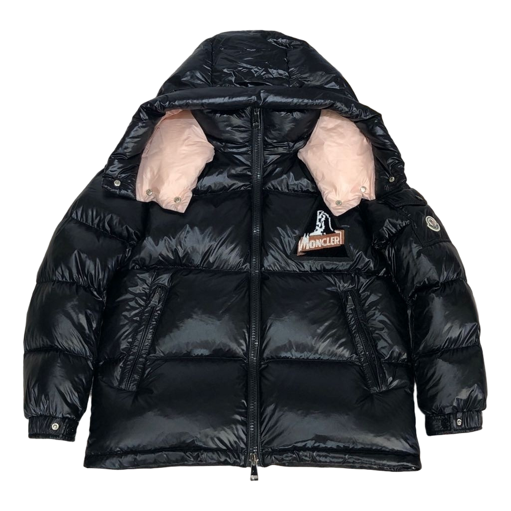 Moncler Glossy Short Down Puffer Jacket with Mountain Badge - Black