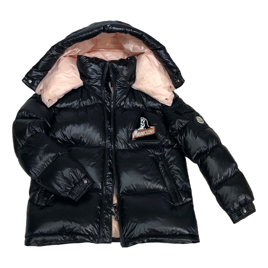 Moncler Glossy Short Down Puffer Jacket with Mountain Badge - Black
