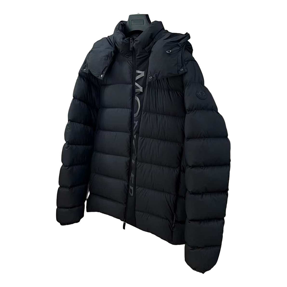 Moncler Vertical-Logo Placket Hooded Puffer Jacket in Black