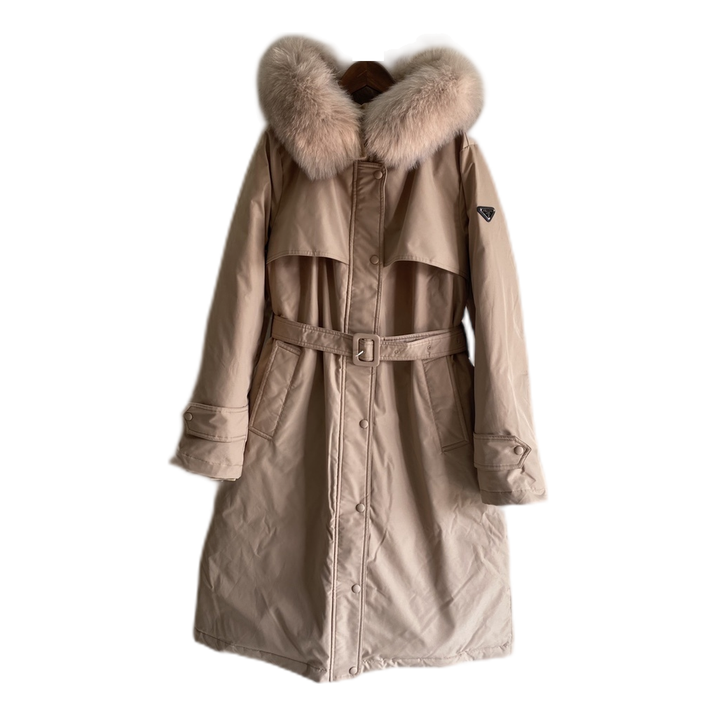 Prada Belted Faux Fur-Trim Hooded Coat | Blush Beige