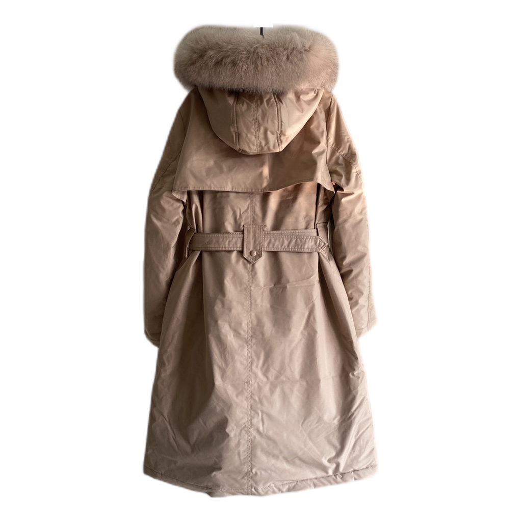 Prada Belted Faux Fur-Trim Hooded Coat | Blush Beige