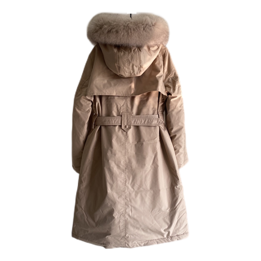 Prada Belted Faux Fur-Trim Hooded Coat | Blush Beige