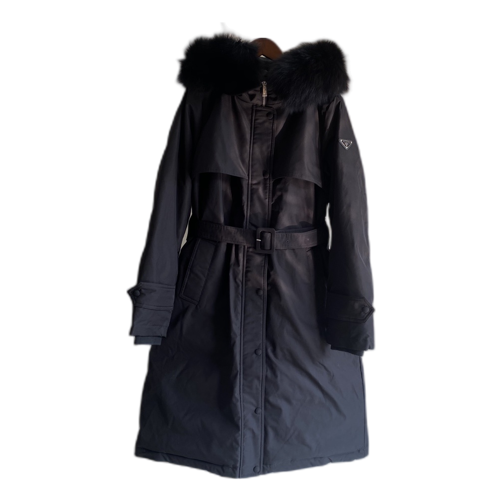 Prada Belted Faux Fur-Trim Hooded Coat | Black